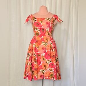 Floral Tie-Shoulder Midi Dress in Pink and Orange